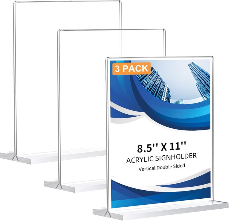 DECOHOBO 3 Pack Acrylic Sign Holder 8.5 x 11, Double-Sided Clear Sign Holder Plastic Stands for Display, T Shape Acrylic Table Sign Stands for Office Store Restaurants Wedding Party Decoration - Image 1